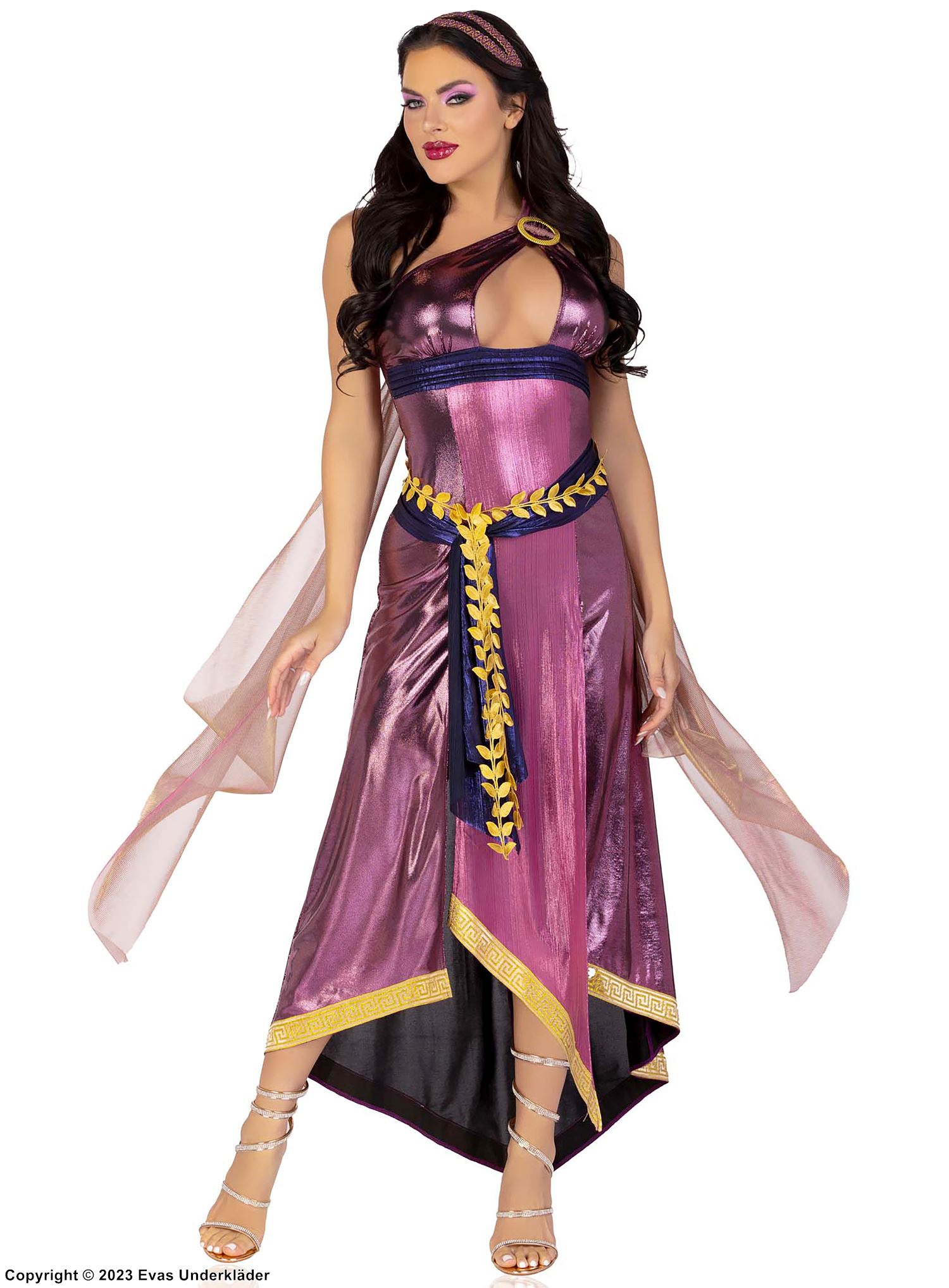 Goddess, costume dress, iridescent fabric, keyhole, one-shoulder